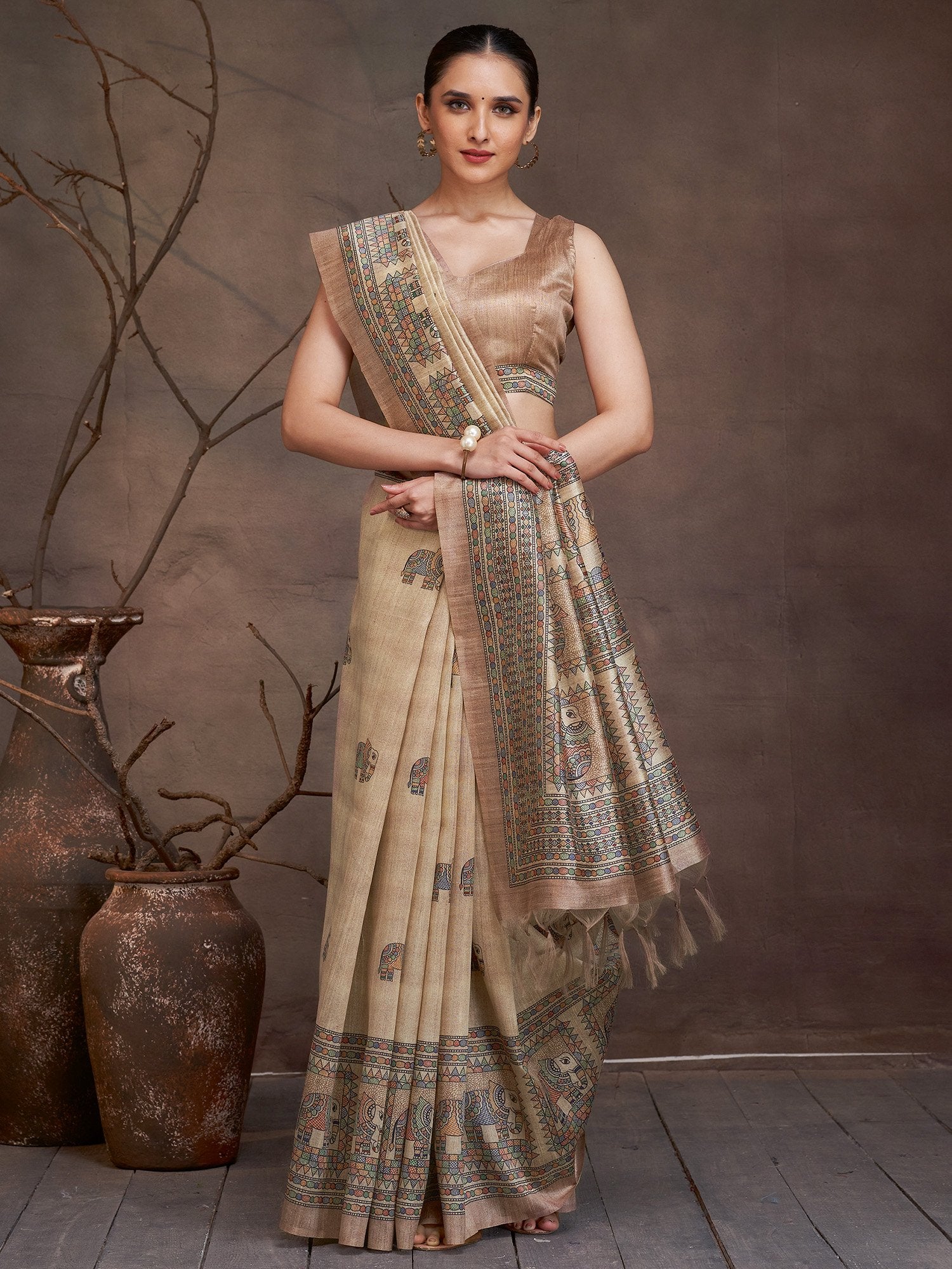 Golden Beige Banarasi Cotton Silk Digital Print Saree