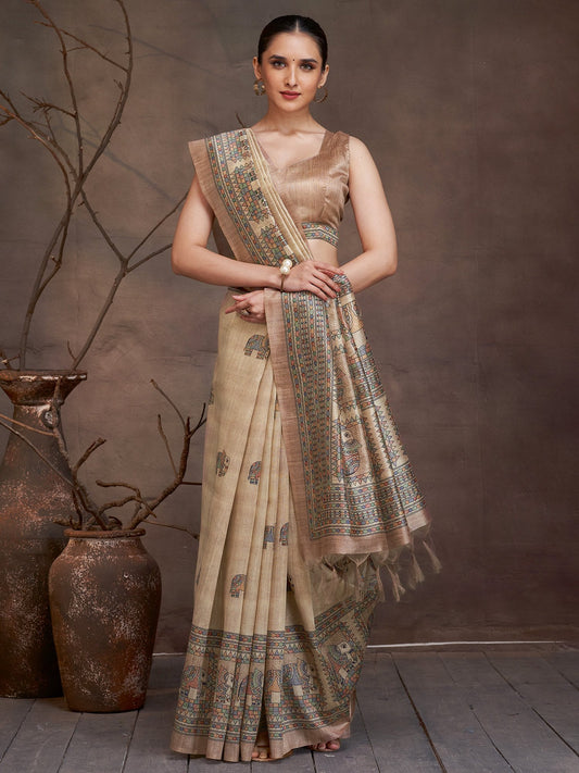 Golden Beige Banarasi Cotton Silk Digital Print Saree