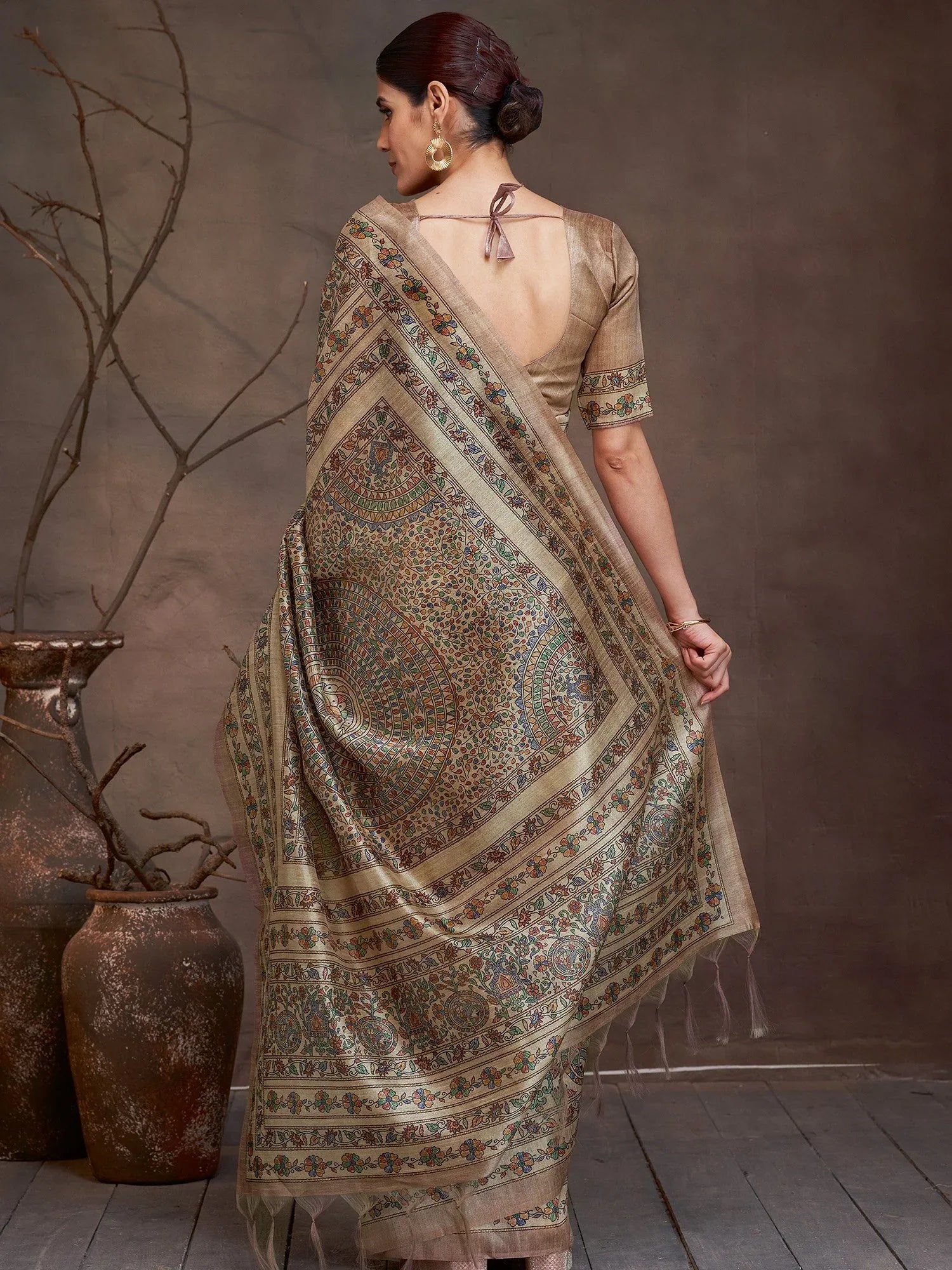 Beige Banarasi Cotton Silk Digital Print Saree