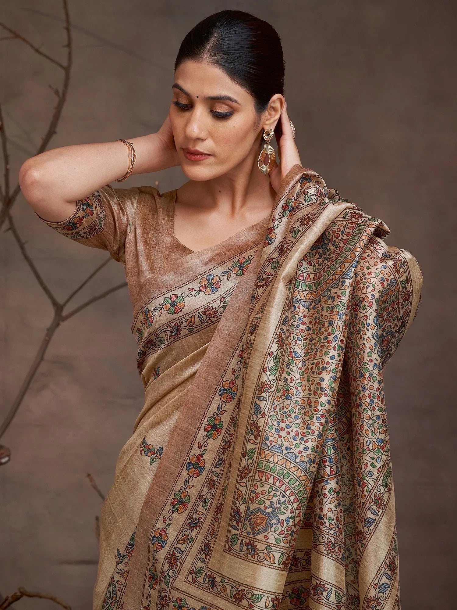 Beige Banarasi Cotton Silk Digital Print Saree