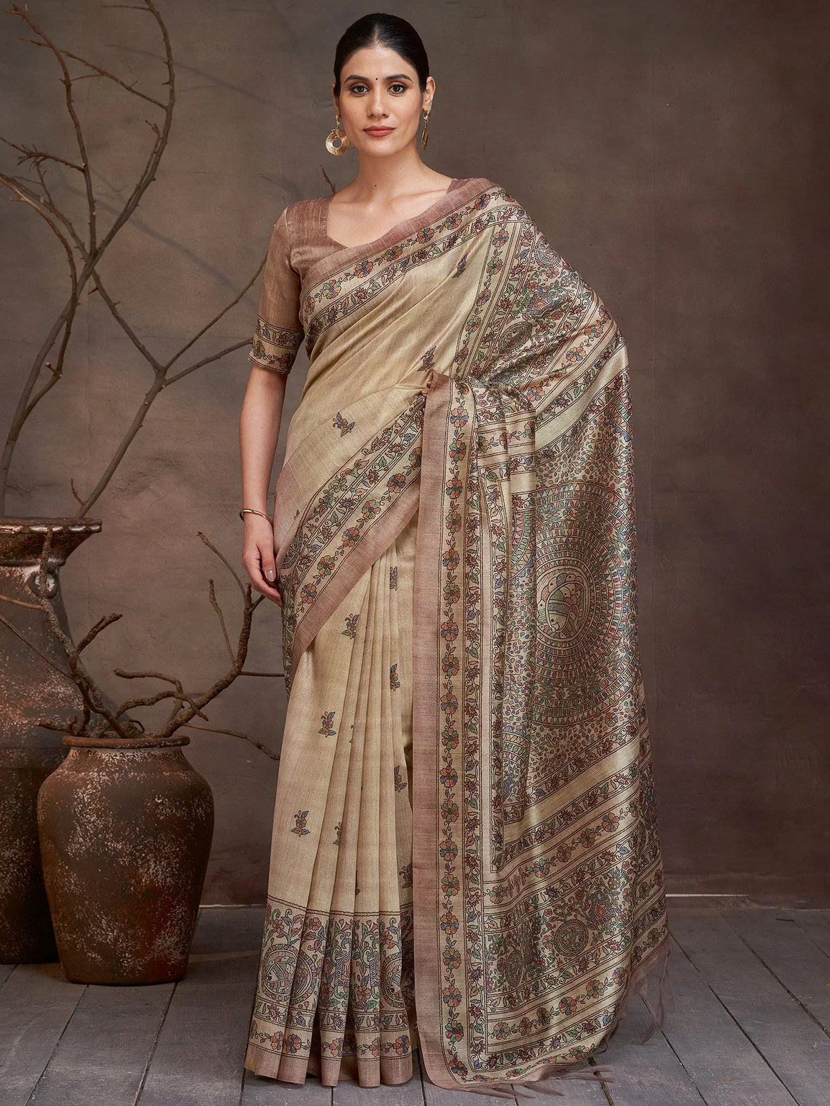 Golden Beige Banarasi Cotton Silk Digital Print Saree