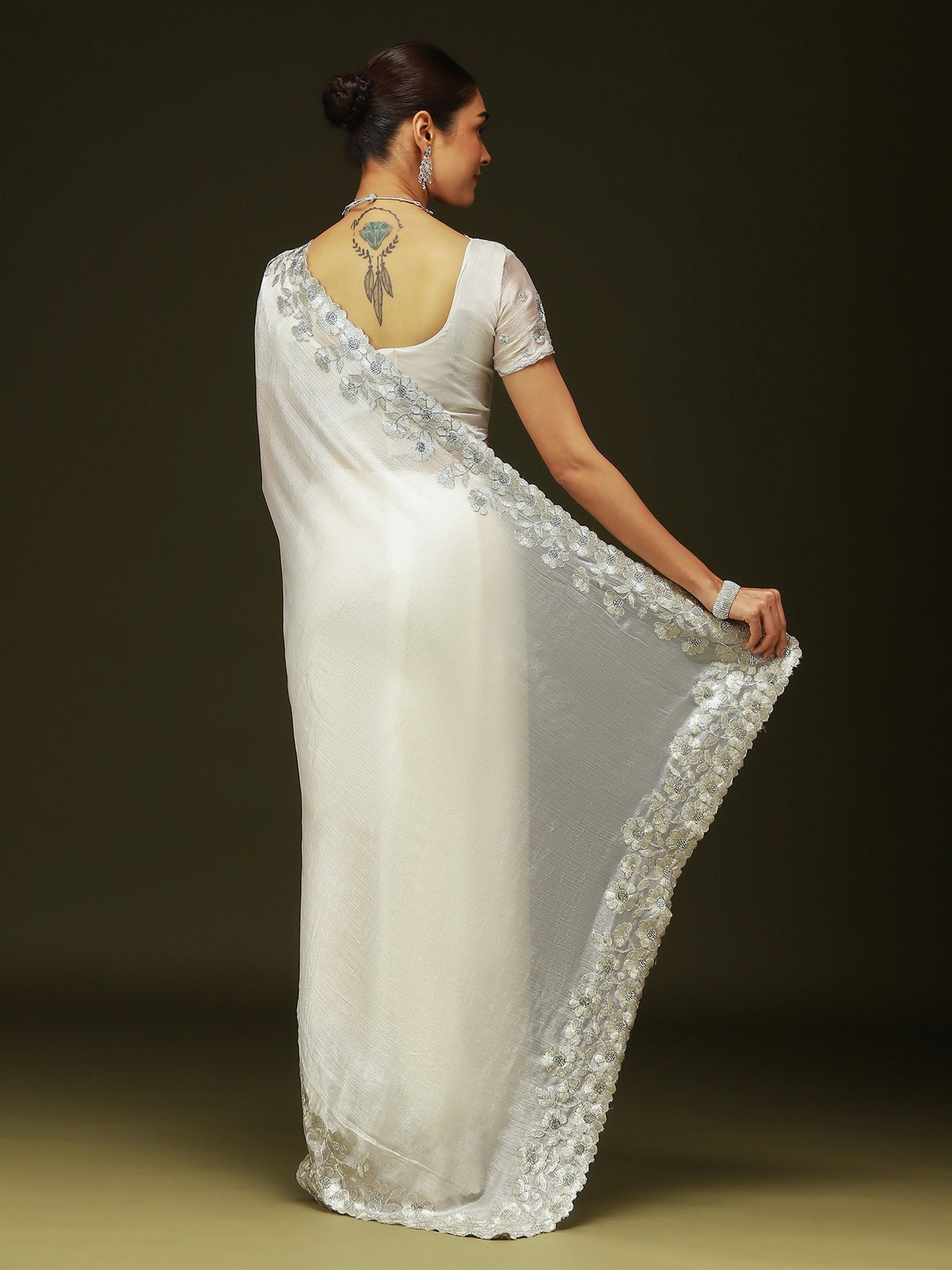 Off White Party Wear Chiffon Embellished Saree