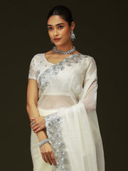 Off White Party Wear Chiffon Embellished Saree