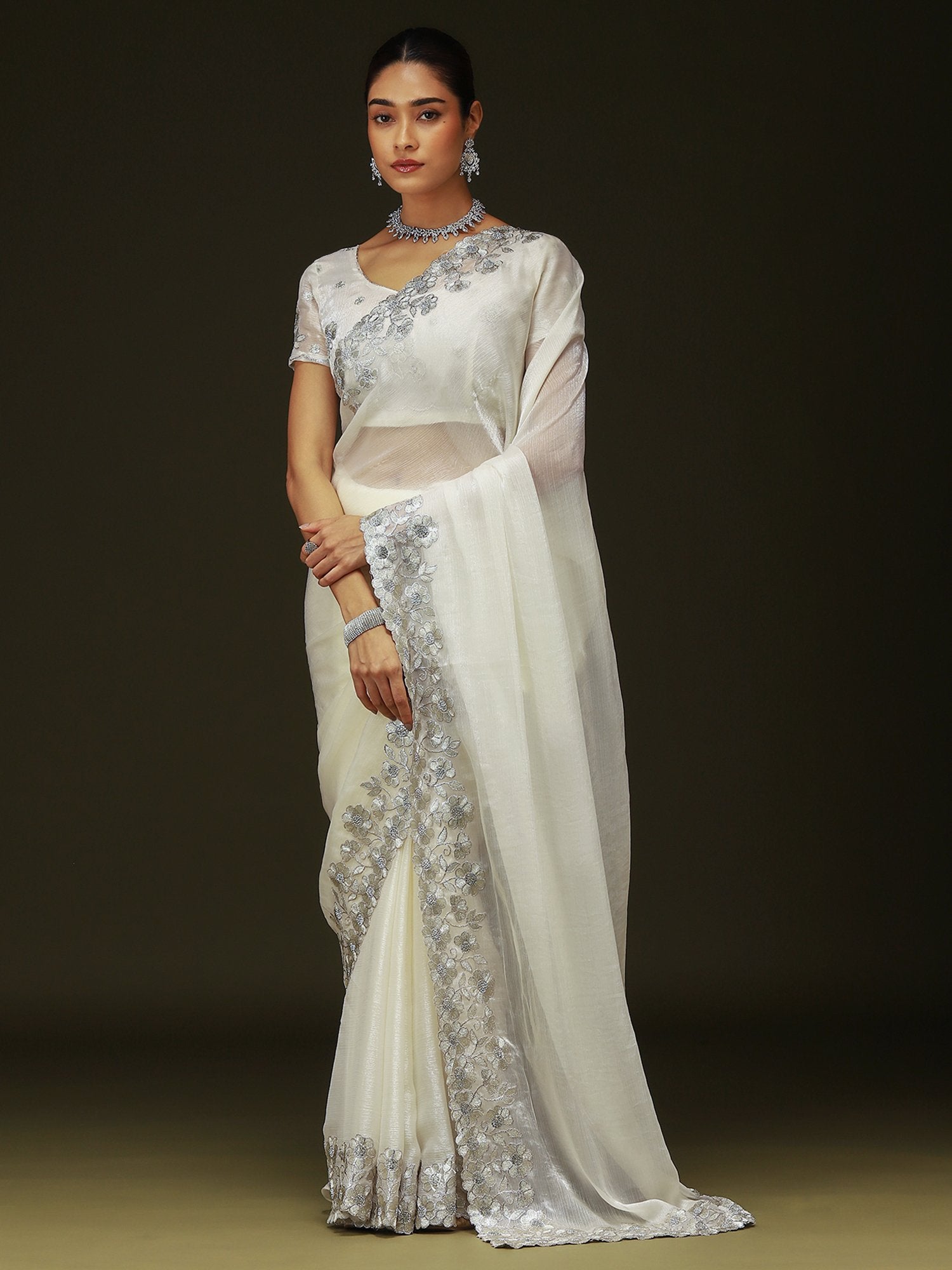 White Off Party Wear Chiffon Embellished Saree