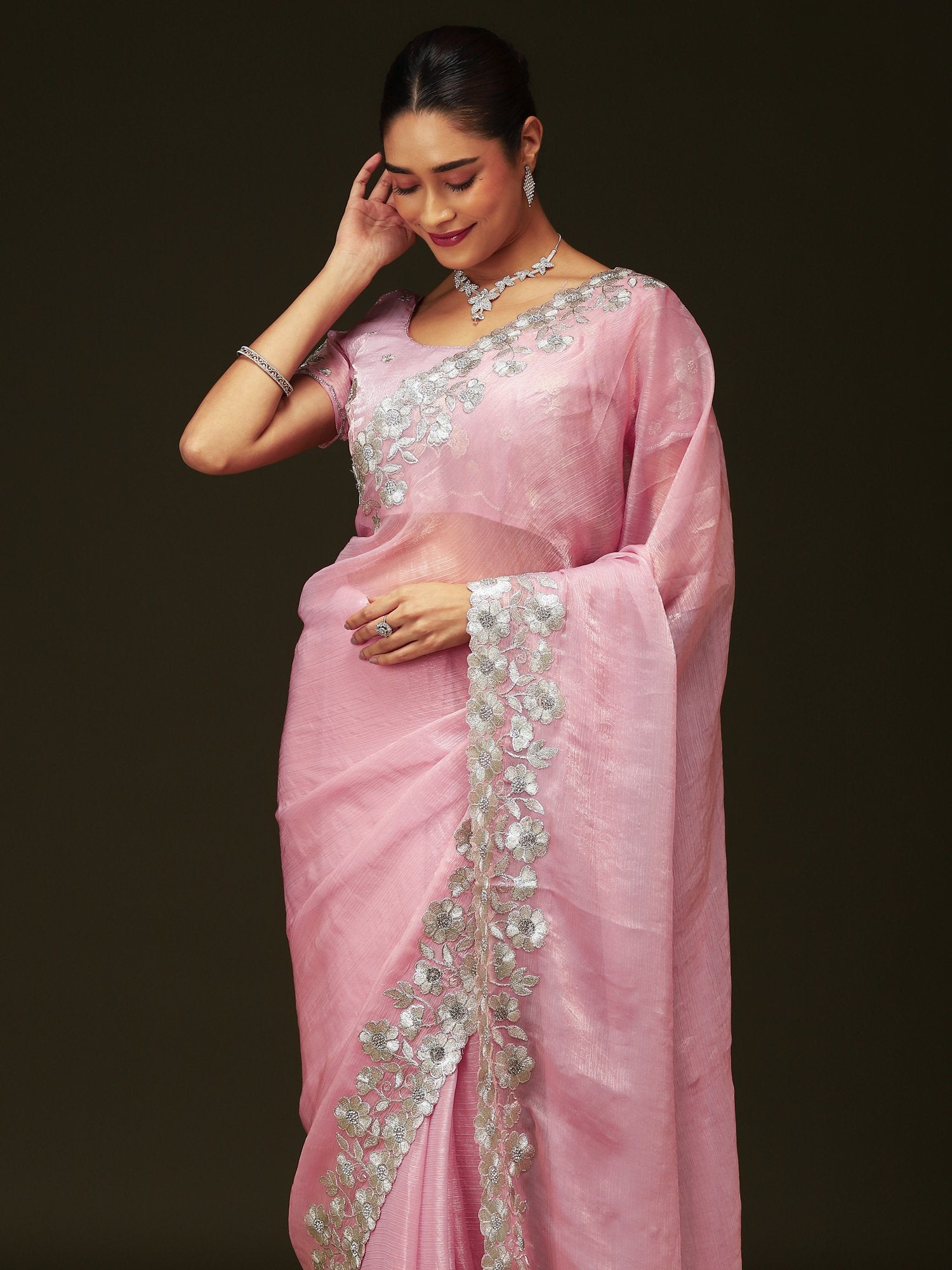 Pink Party Wear Chiffon Embellished Saree