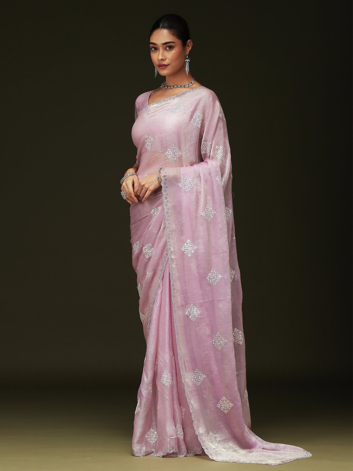 Pink Party Wear Chiffon Embellished Saree