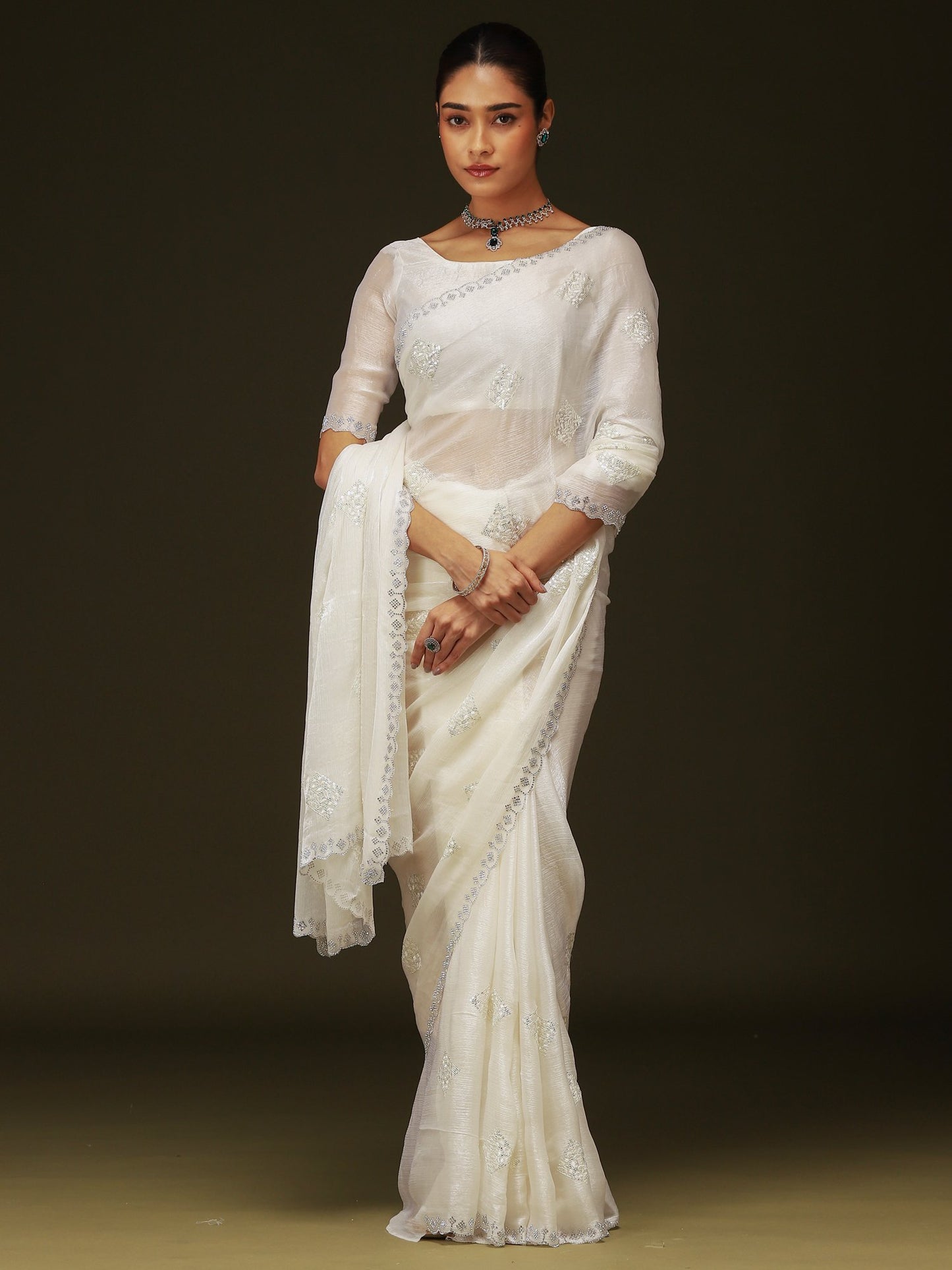 White Party Wear Chiffon Embellished Saree