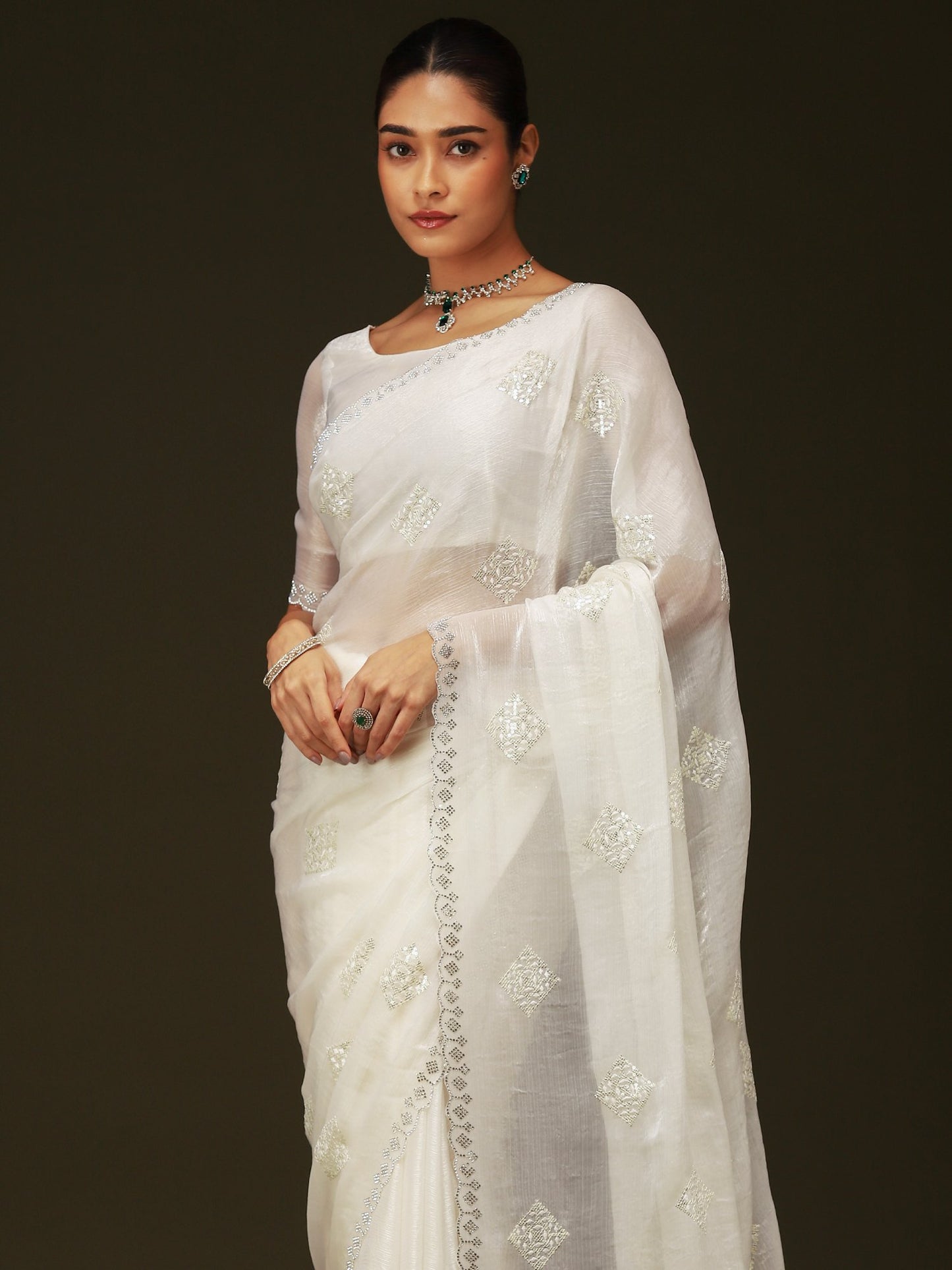 White Party Wear Chiffon Embellished Saree