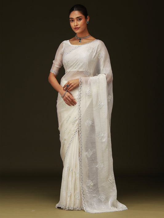 White White Party Wear Chiffon Embellished Saree