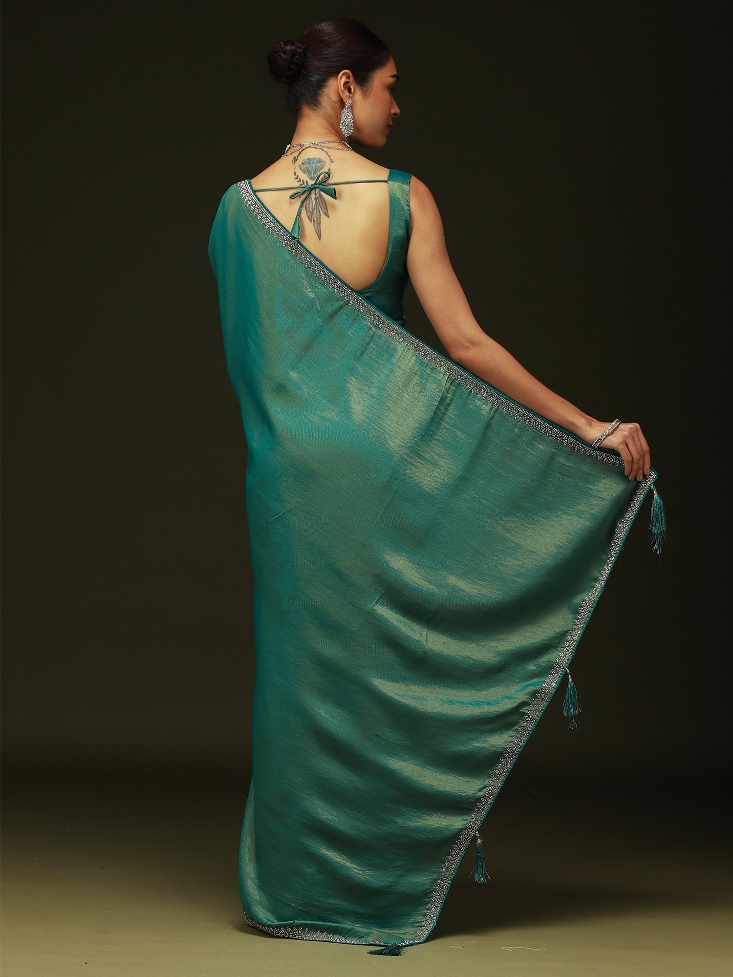 Teal Green Party Wear Satin Silk Embellished Saree