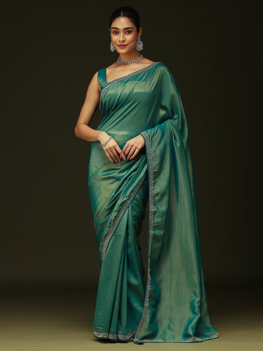 Green Teal Party Wear Satin Silk Embellished Saree