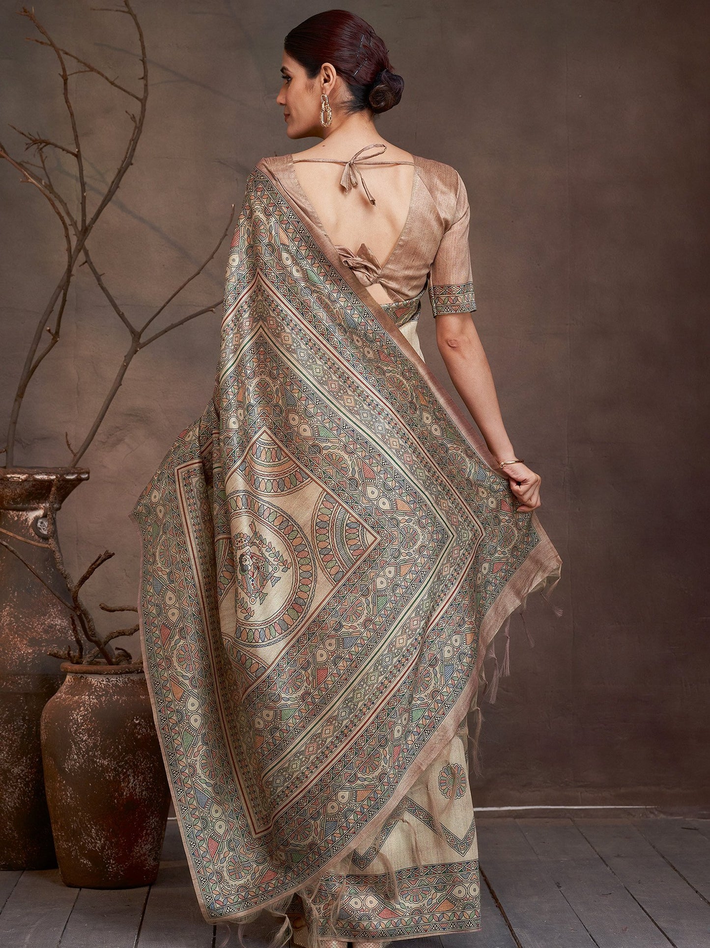 Beige Banarasi Cotton Silk Digital Print Saree