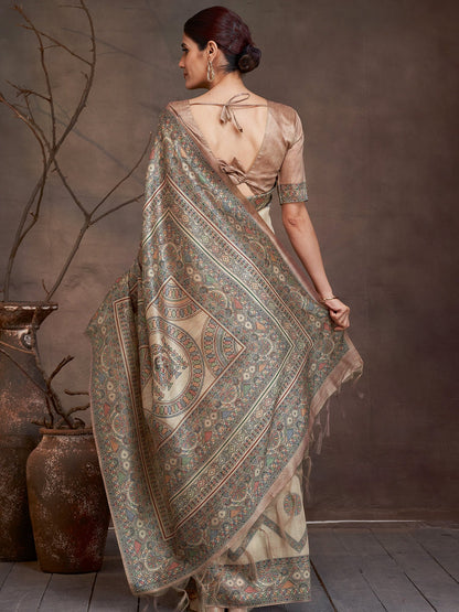 Beige Banarasi Cotton Silk Digital Print Saree