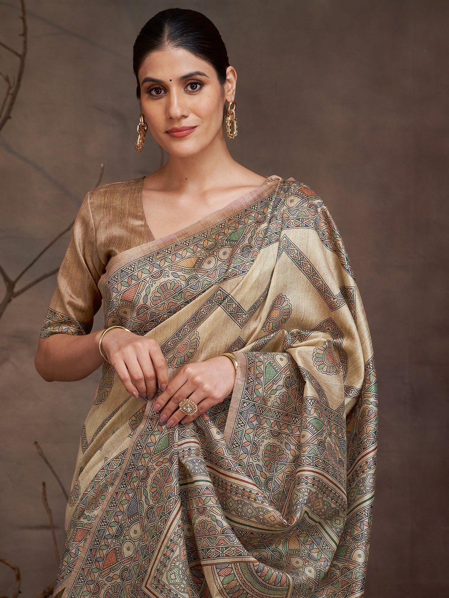 Beige Banarasi Cotton Silk Digital Print Saree