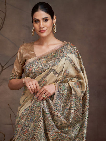 Beige Banarasi Cotton Silk Digital Print Saree