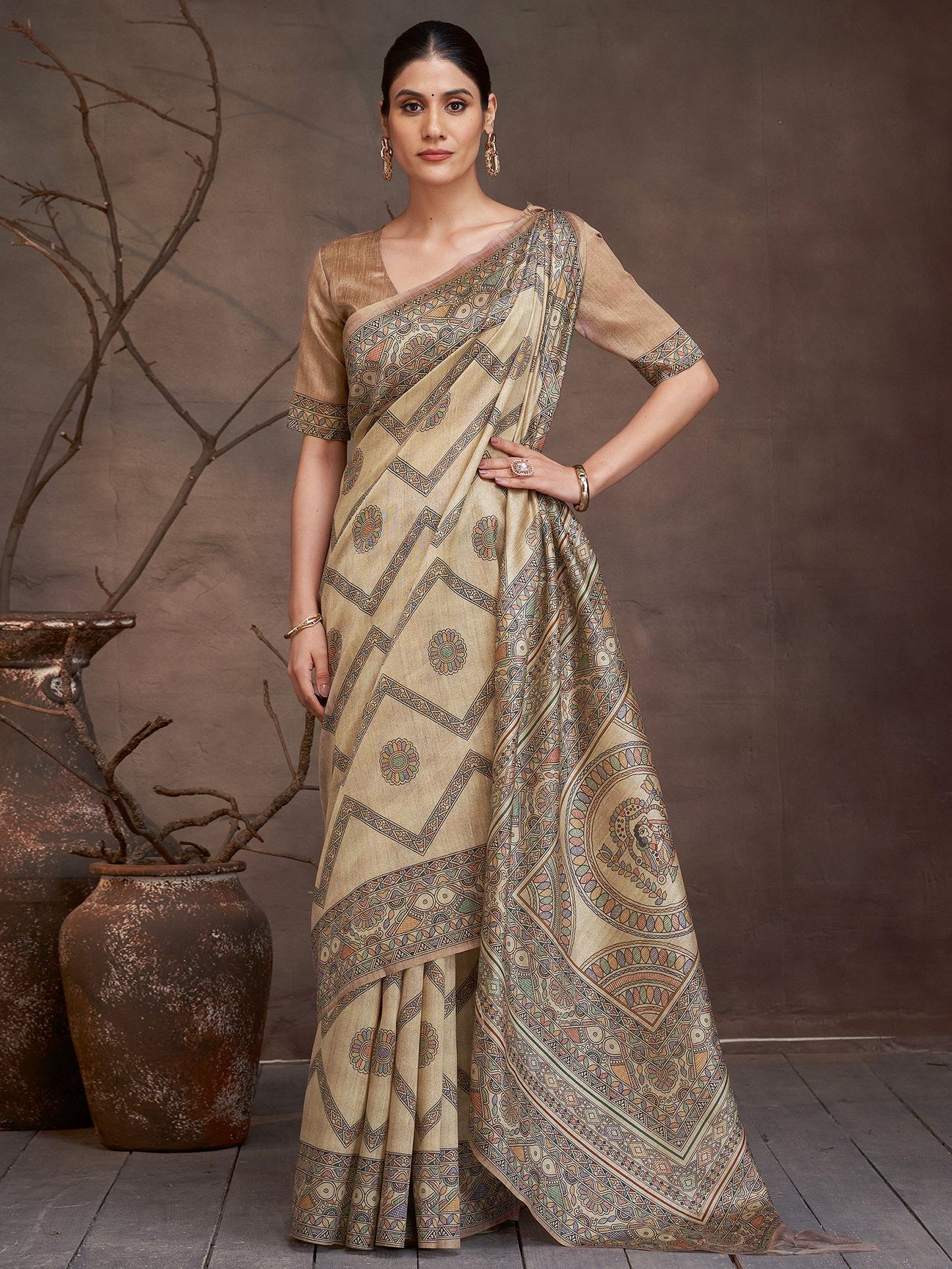 Golden Beige Banarasi Cotton Silk Digital Print Saree