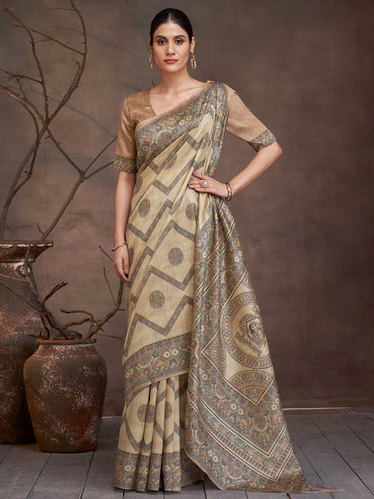 Golden Beige Banarasi Cotton Silk Digital Print Saree