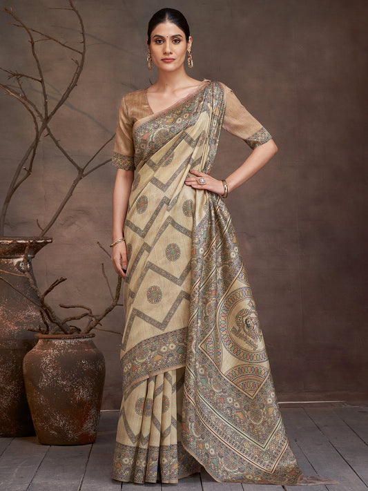 Golden Beige Banarasi Cotton Silk Digital Print Saree