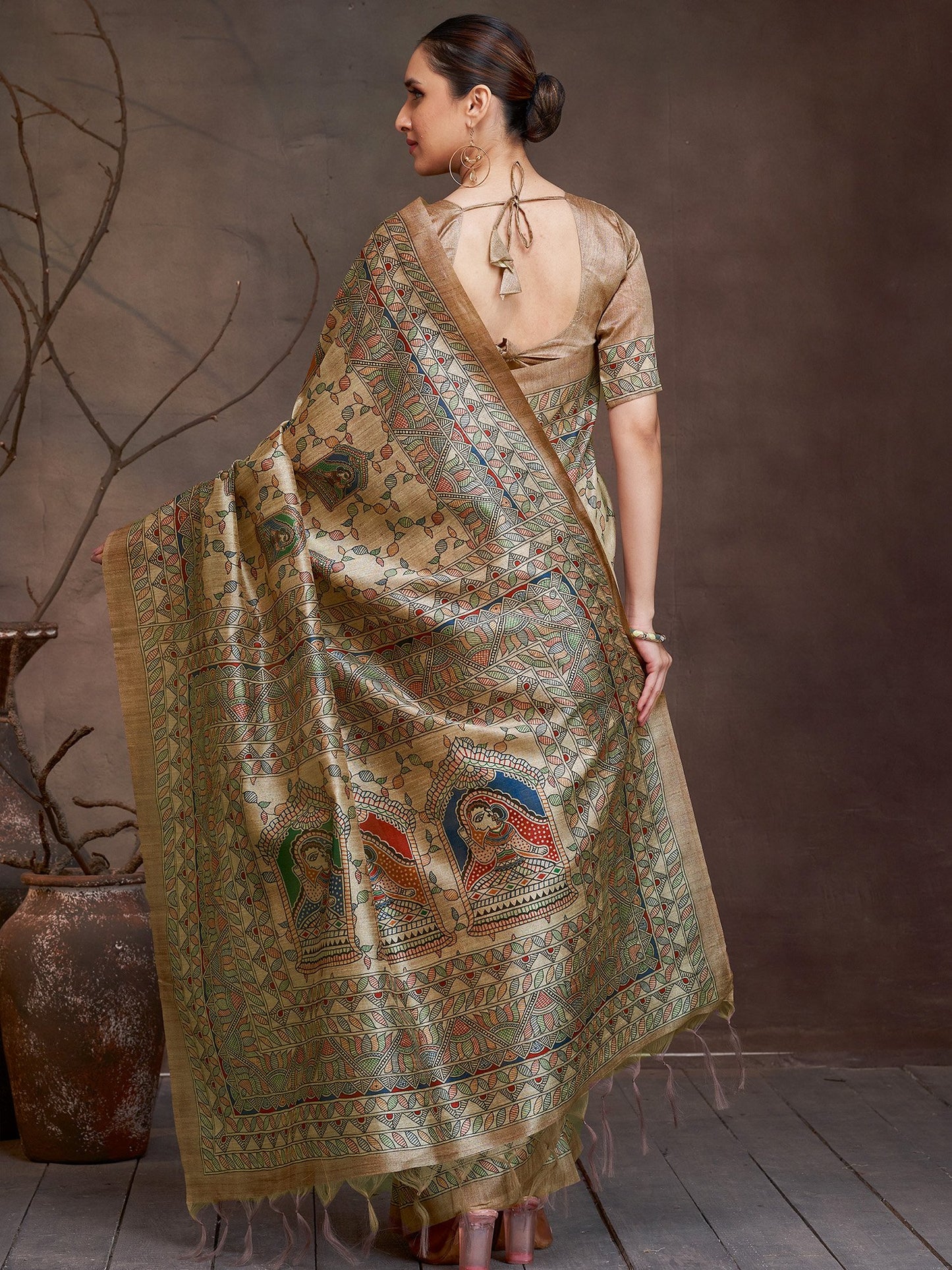 Beige Banarasi Cotton Silk Digital Print Saree