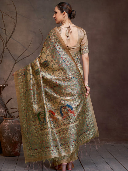 Beige Banarasi Cotton Silk Digital Print Saree