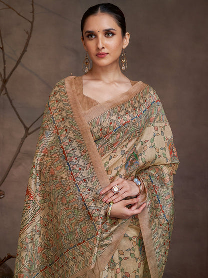 Beige Banarasi Cotton Silk Digital Print Saree