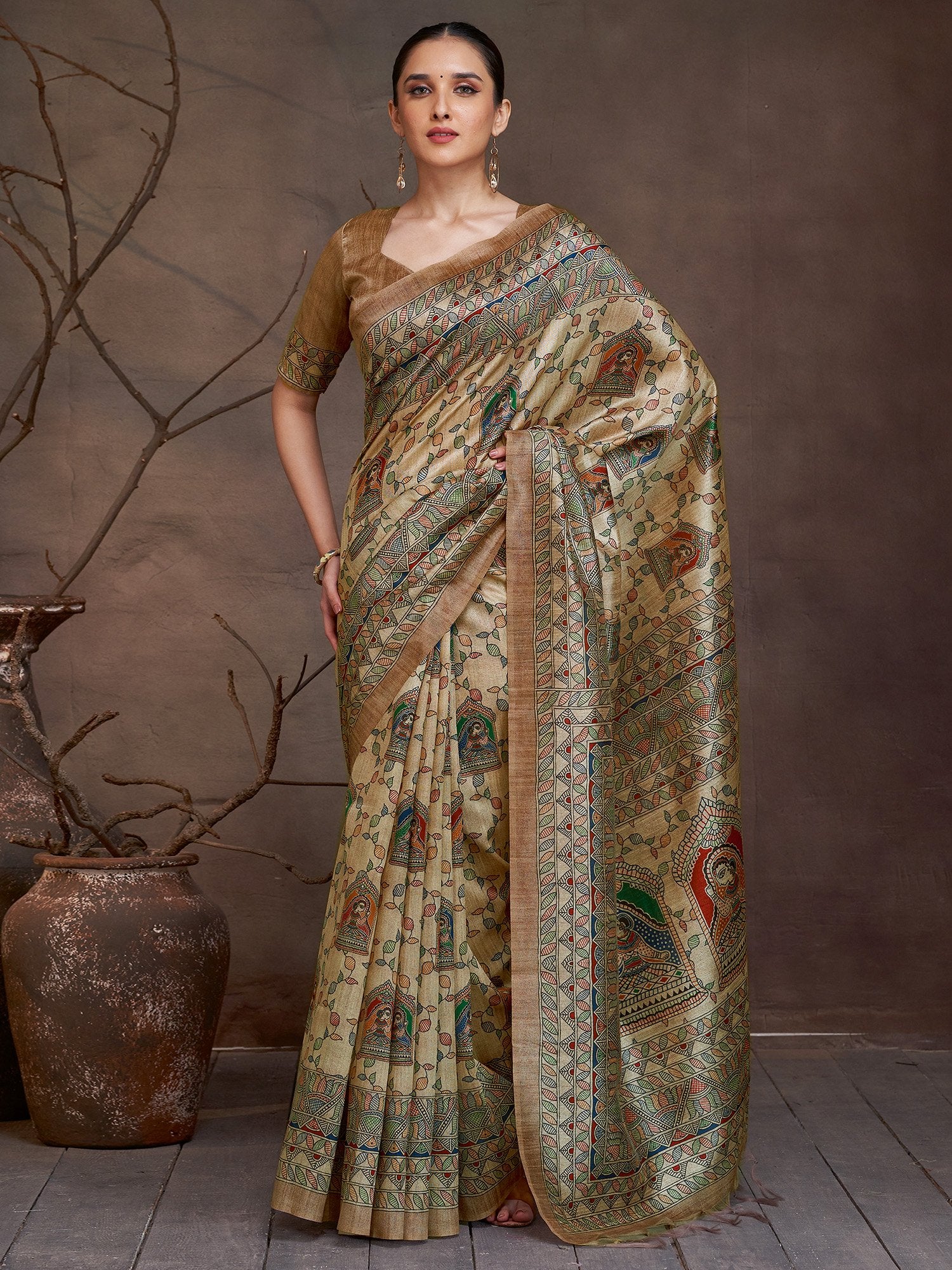 Golden Beige Banarasi Cotton Silk Digital Print Saree