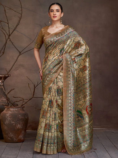 Golden Beige Banarasi Cotton Silk Digital Print Saree