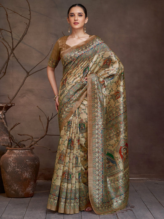 Golden Beige Banarasi Cotton Silk Digital Print Saree