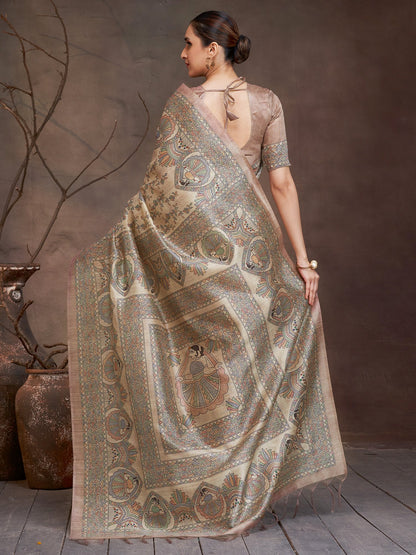 Beige Banarasi Cotton Silk Digital Print Saree