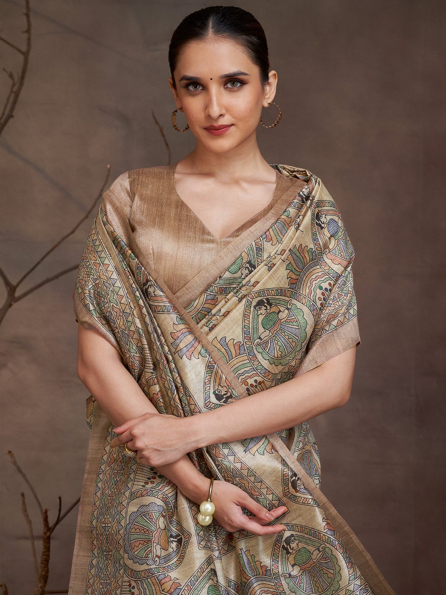 Beige Banarasi Cotton Silk Digital Print Saree