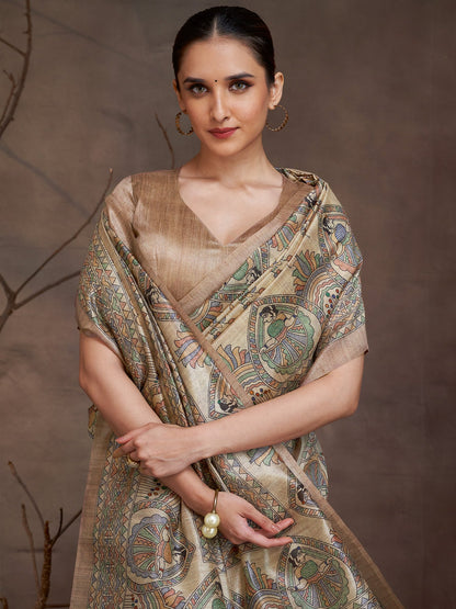 Beige Banarasi Cotton Silk Digital Print Saree