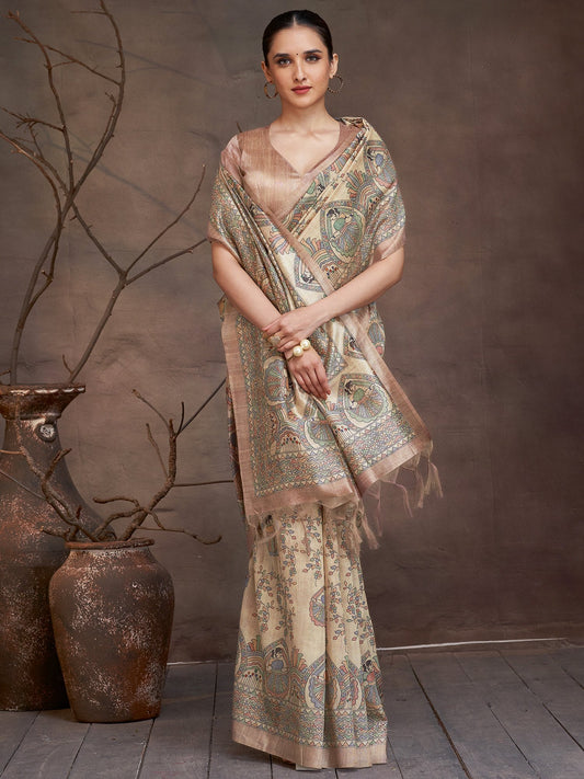 Golden Beige Banarasi Cotton Silk Digital Print Saree