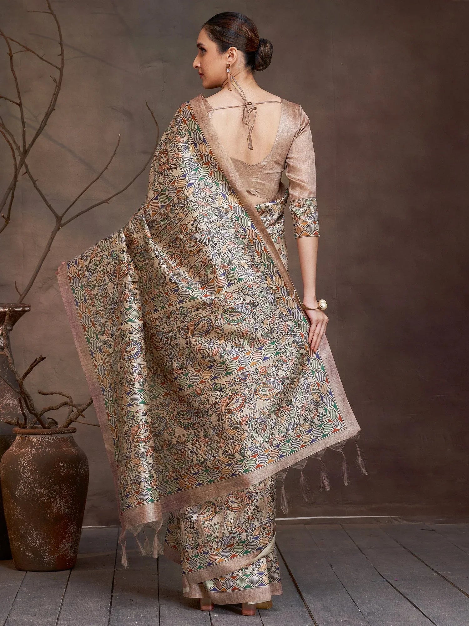 Beige Banarasi Cotton Silk Digital Print Saree
