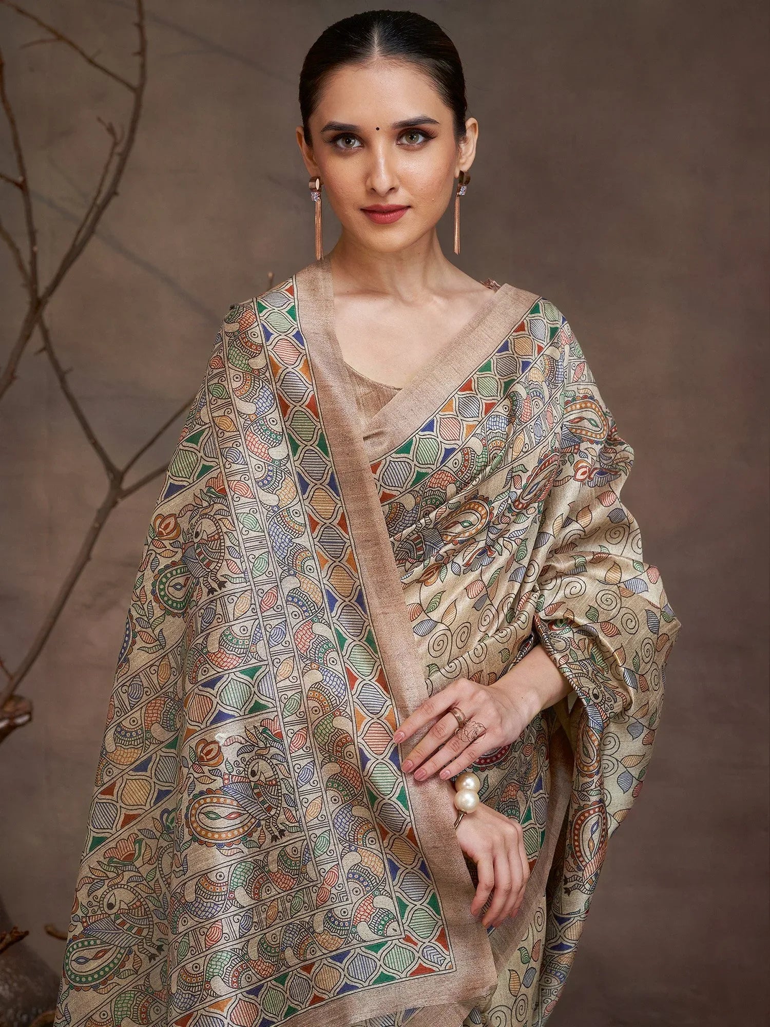 Beige Banarasi Cotton Silk Digital Print Saree