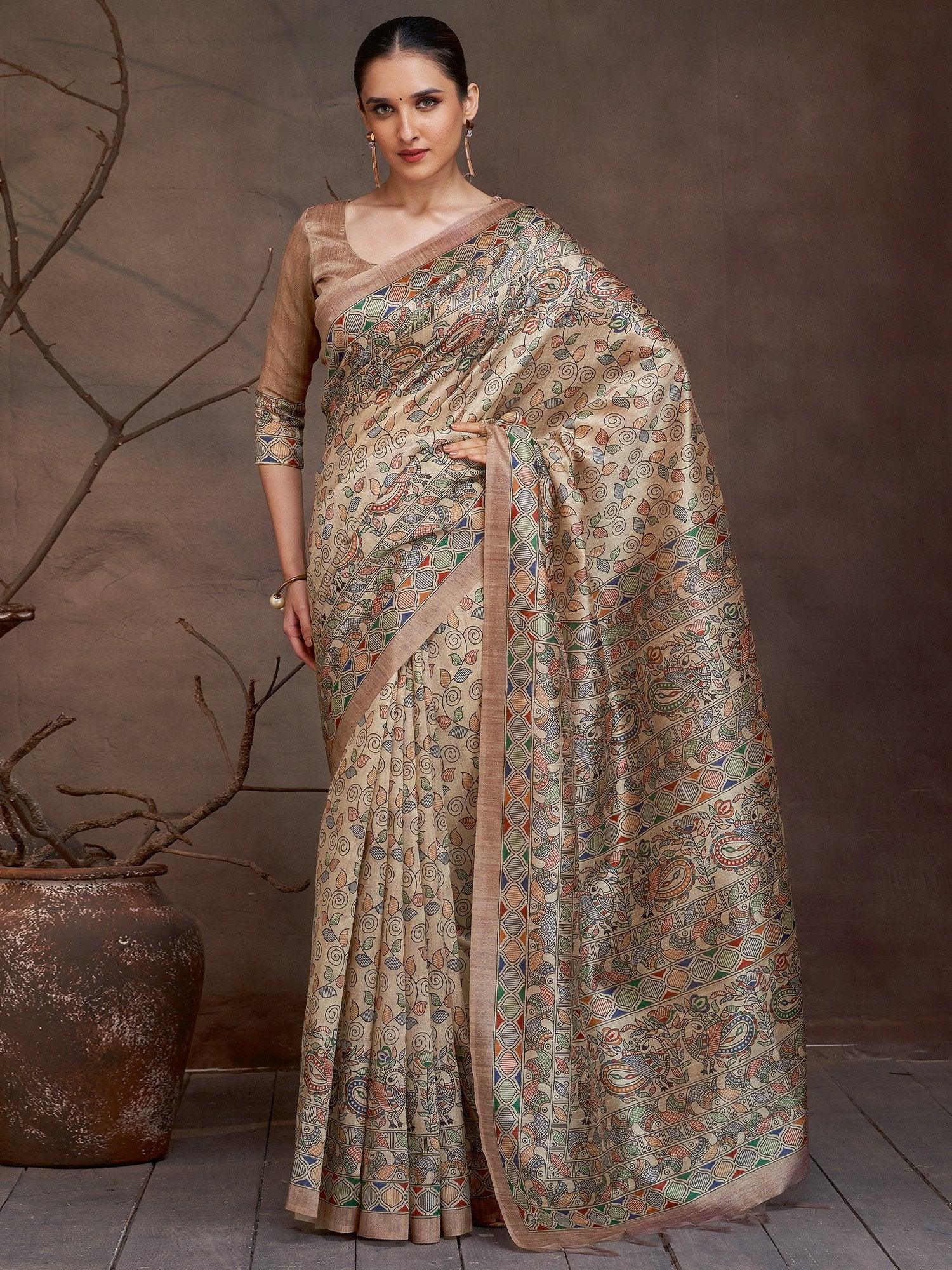 Golden Beige Banarasi Cotton Silk Digital Print Saree