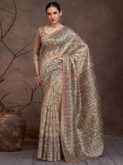 Golden Beige Banarasi Cotton Silk Digital Print Saree