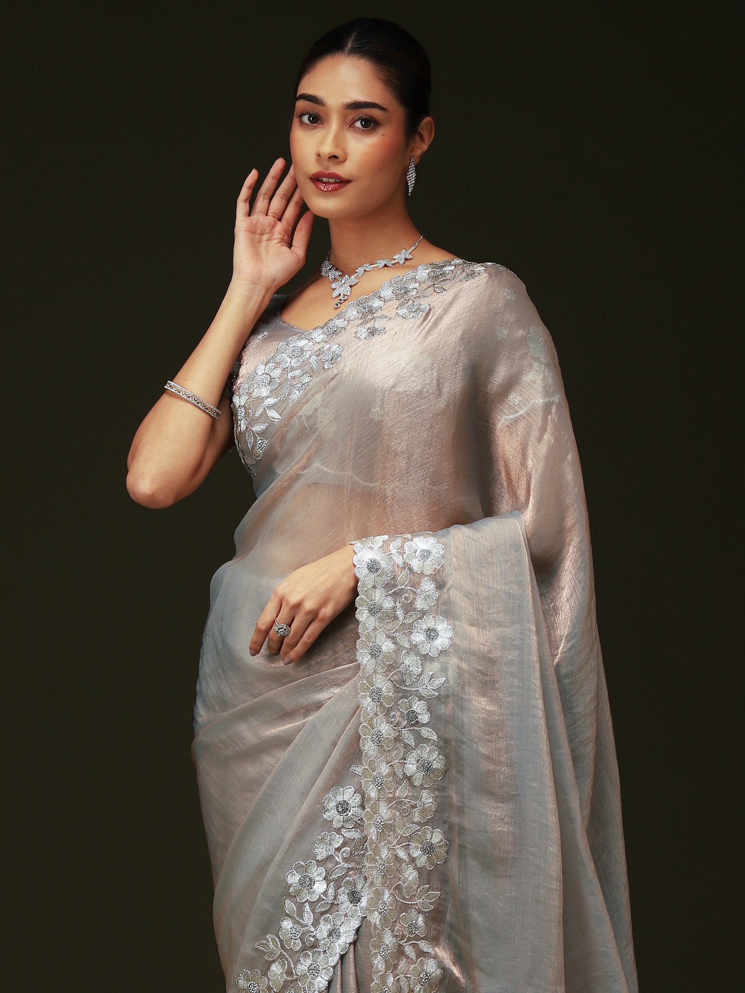 Grey Silver Party Wear Chiffon Embellished Saree