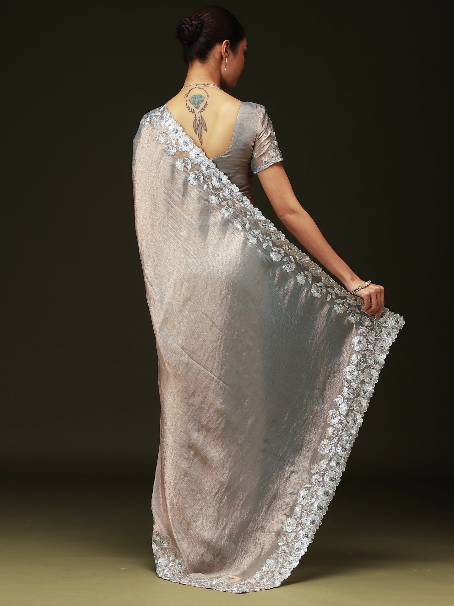 Silver Party Wear Chiffon Embellished Saree