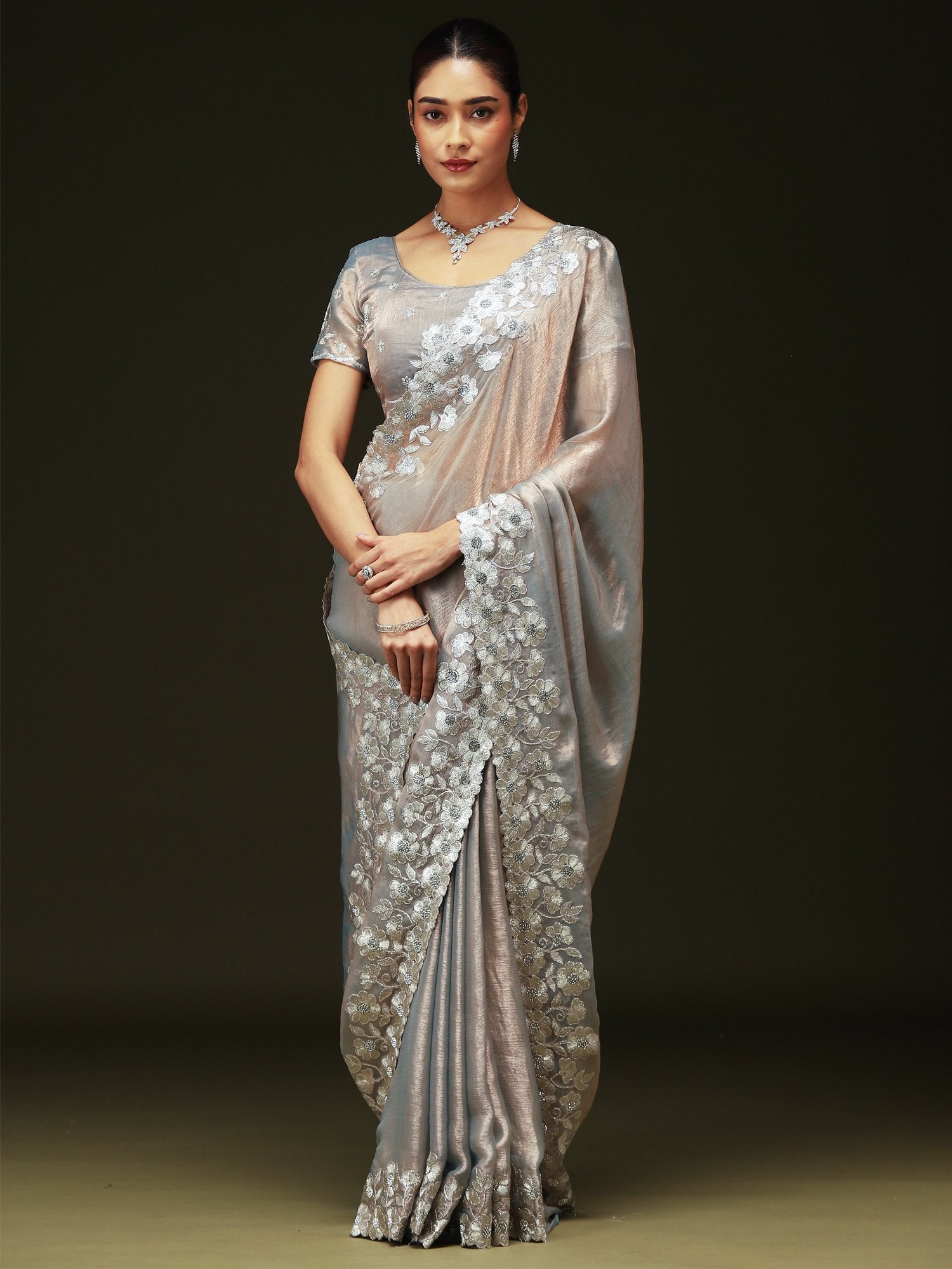 Silver Party Wear Chiffon Embellished Saree