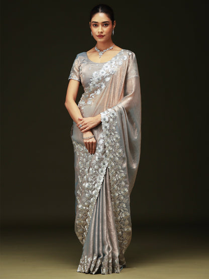 Silver Party Wear Chiffon Embellished Saree