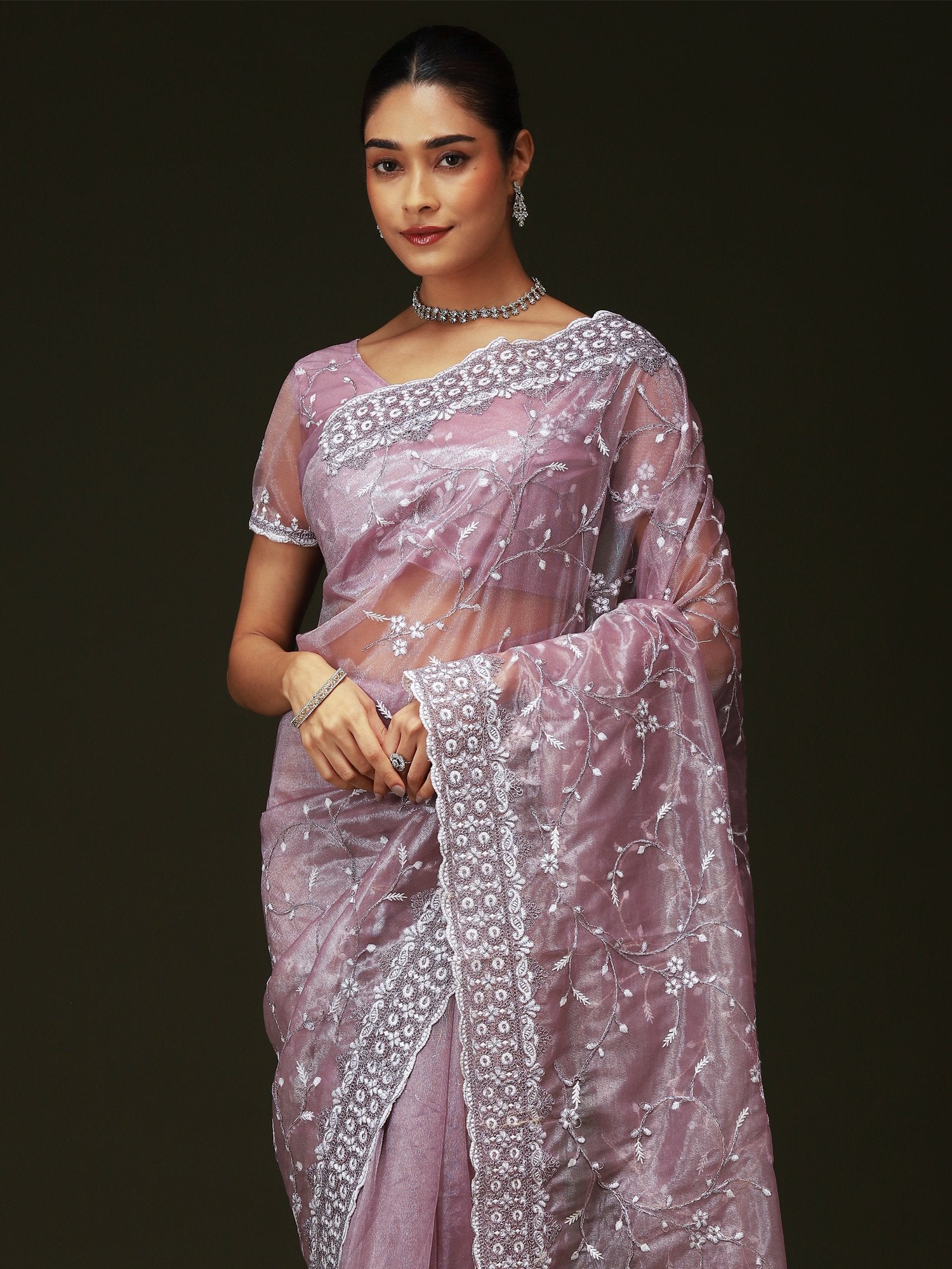 Purple Party Wear Organza Embellished Saree