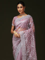 Purple Party Wear Organza Embellished Saree
