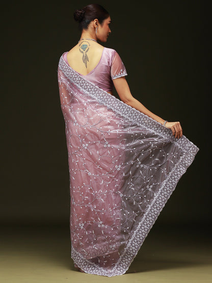 Purple Party Wear Organza Embellished Saree