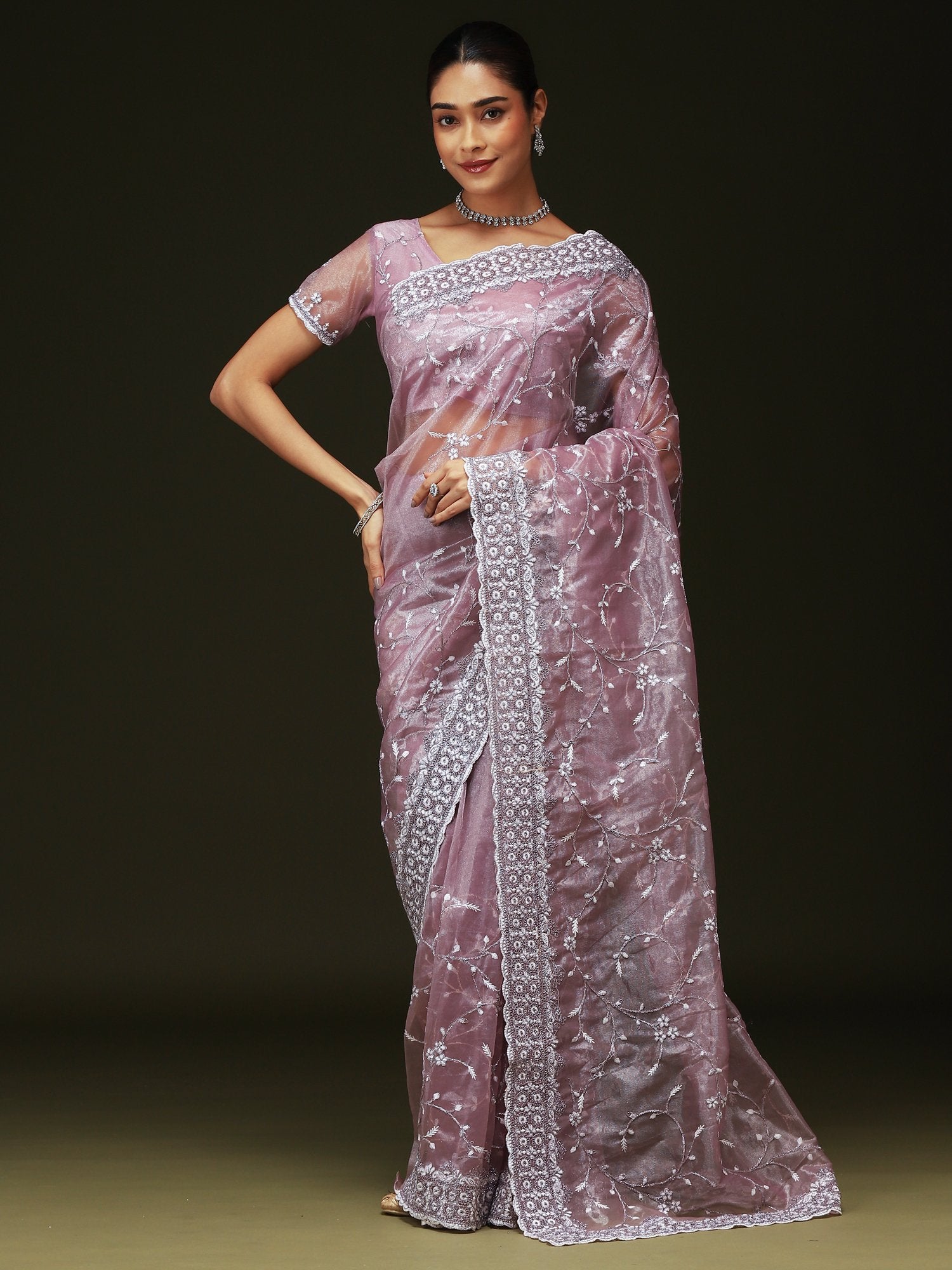 Purple Purple Party Wear Organza Embellished Saree