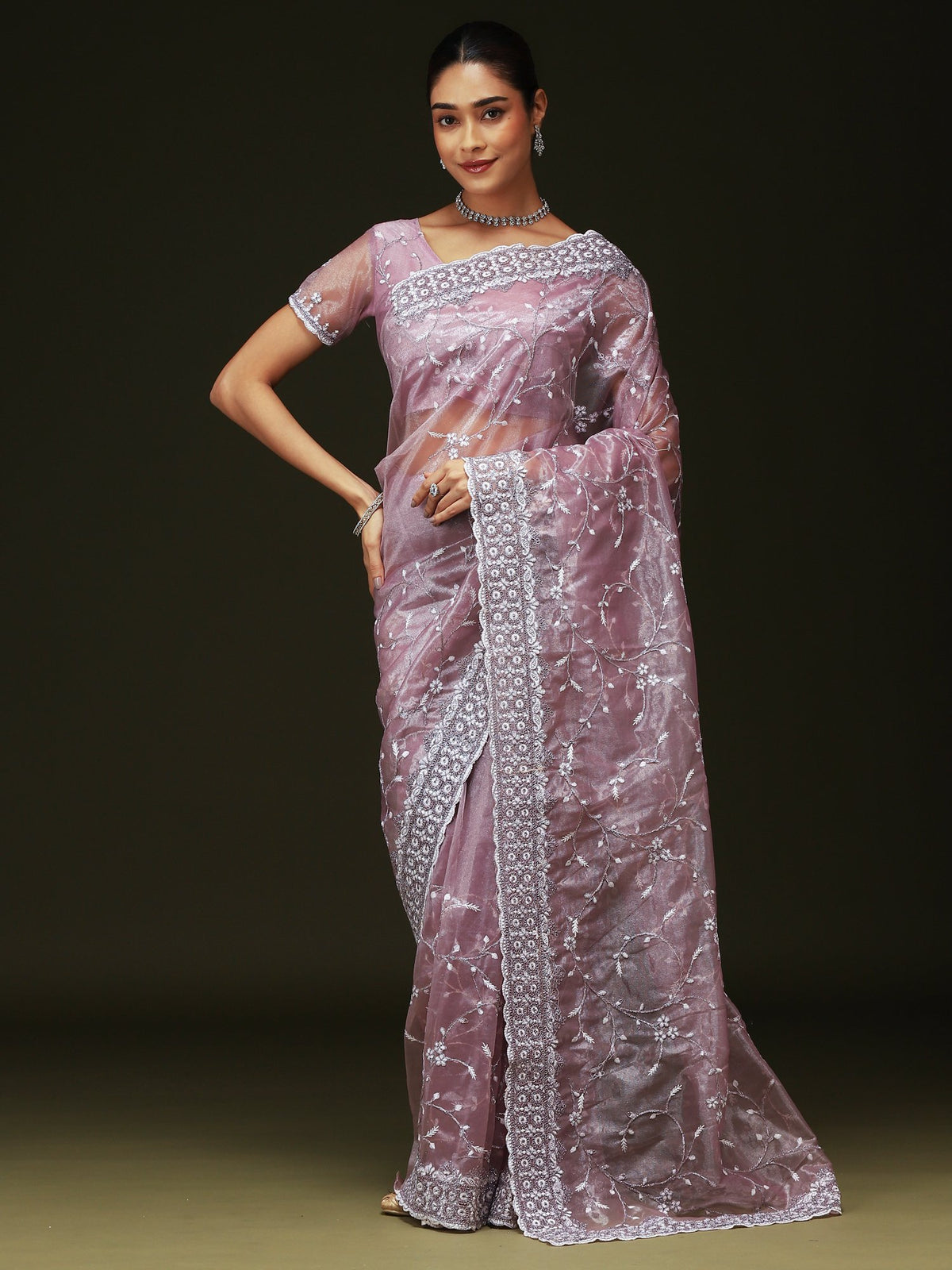 Purple Purple Party Wear Organza Embellished Saree