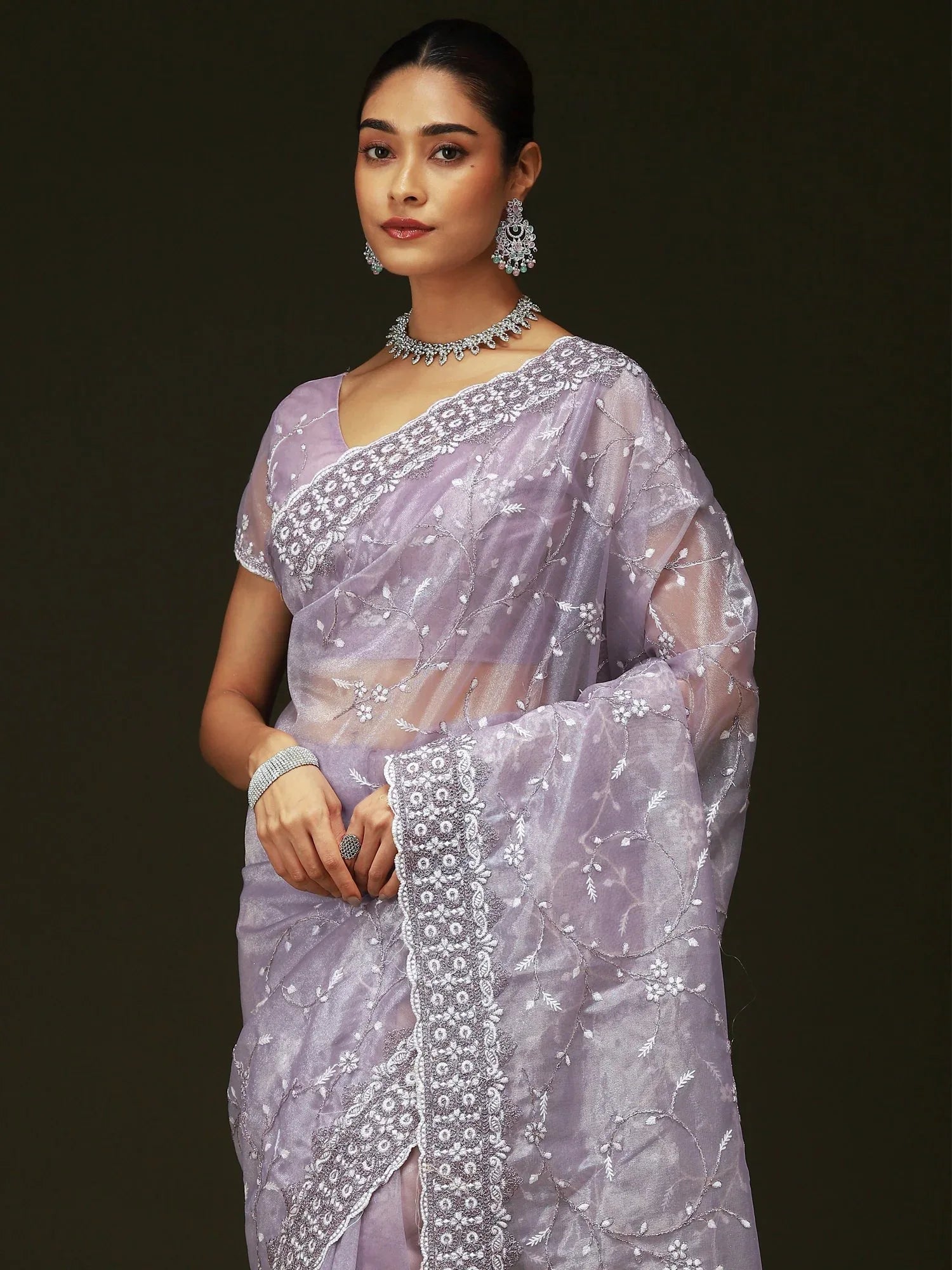 Lavendar Party Wear Organza Embellished Saree