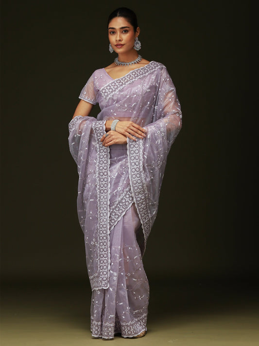 Lavender Lavendar Party Wear Organza Embellished Saree