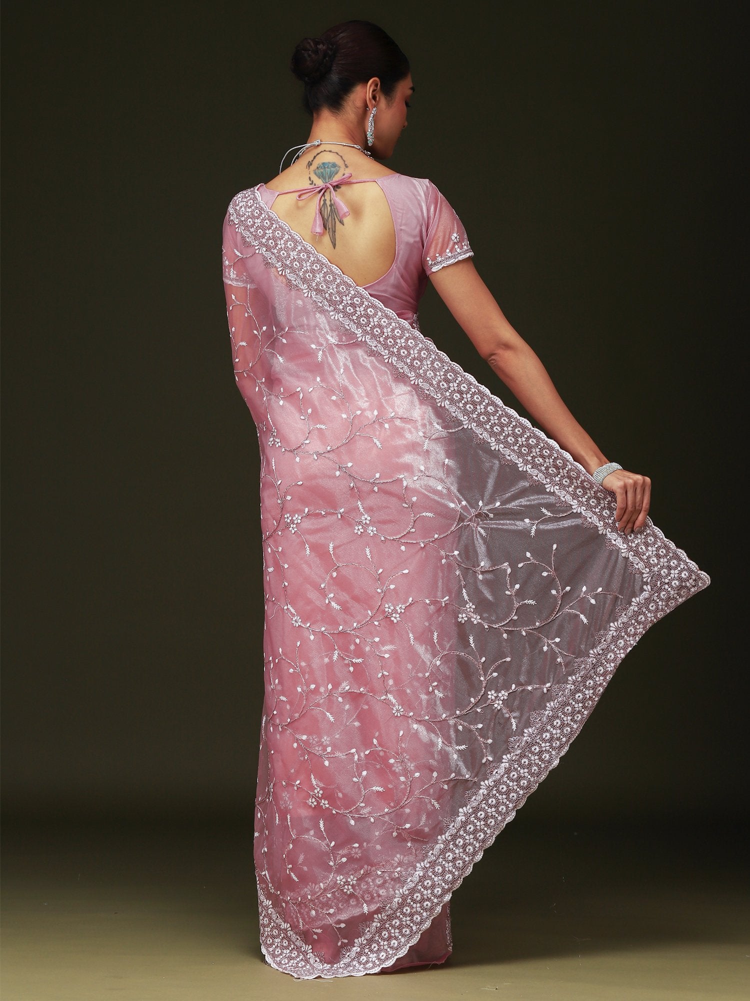 Pink Party Wear Organza Embellished Saree