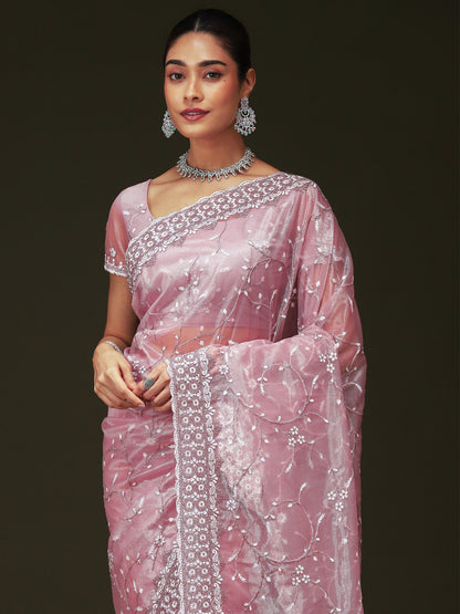 Pink Party Wear Organza Embellished Saree