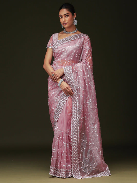 Pink Pink Party Wear Organza Embellished Saree